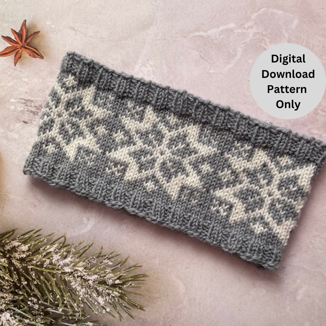 A knitted cowl with a gray and cream traditional Norwegian Selbu Star snowflake pattern, styled on a textured pinkish-beige background with a star anise and a pine branch. A circular badge in the top right reads 'Digital Download Pattern Only'.