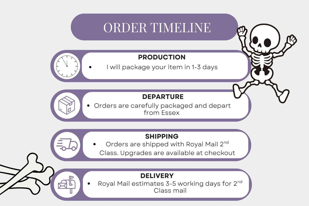 An infographic titled 'ORDER TIMELINE' on a light gray background, showing a purple and white layout with icons and text for production, departure, shipping, and delivery. A cartoon skeleton character appears on the right, and a small bone illustration appears on the bottom left. Order will ship via Royal Mail 2d class within 3 working days.Upgrades are available at checkout
