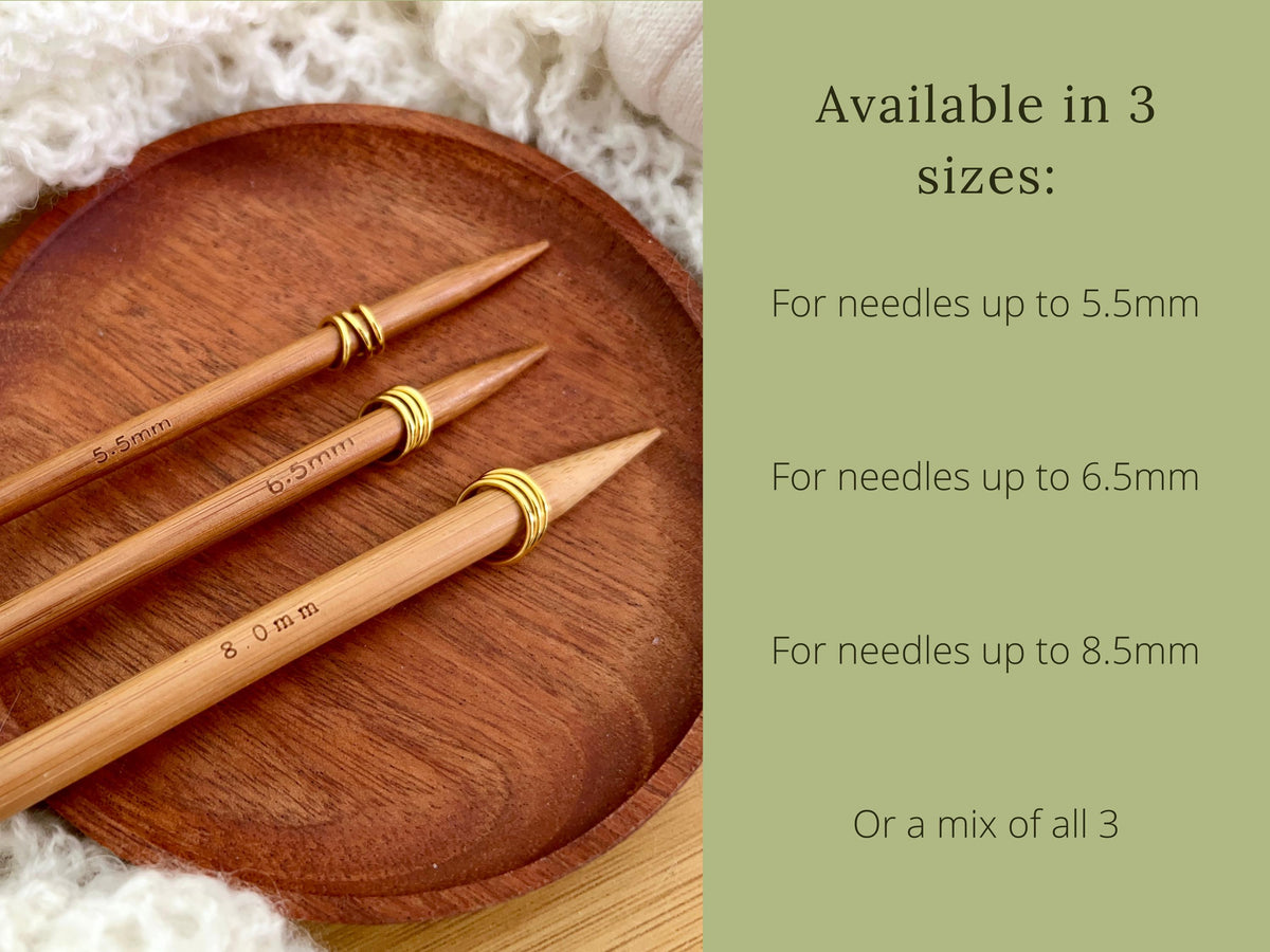 Three wooden knitting needles with gold coloured snag free stitch markers. Three sizes available: up to 5.5mm, up to 6.5mm, and up to 8.5mm