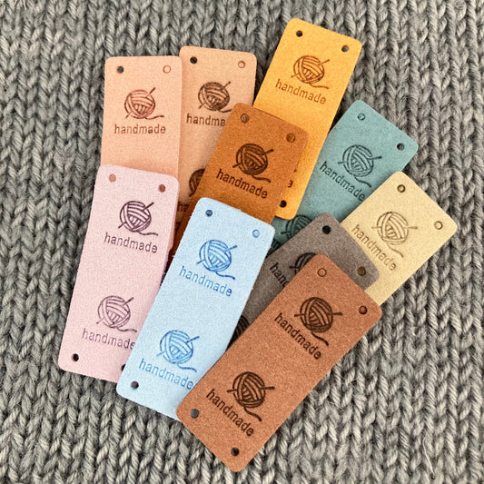 10 PU Pleather Faux Suede Labels “Hand Made” Clothing Sew On Tags Handmade Labels for knitted Garments, sewing, crochet, Craft labels.